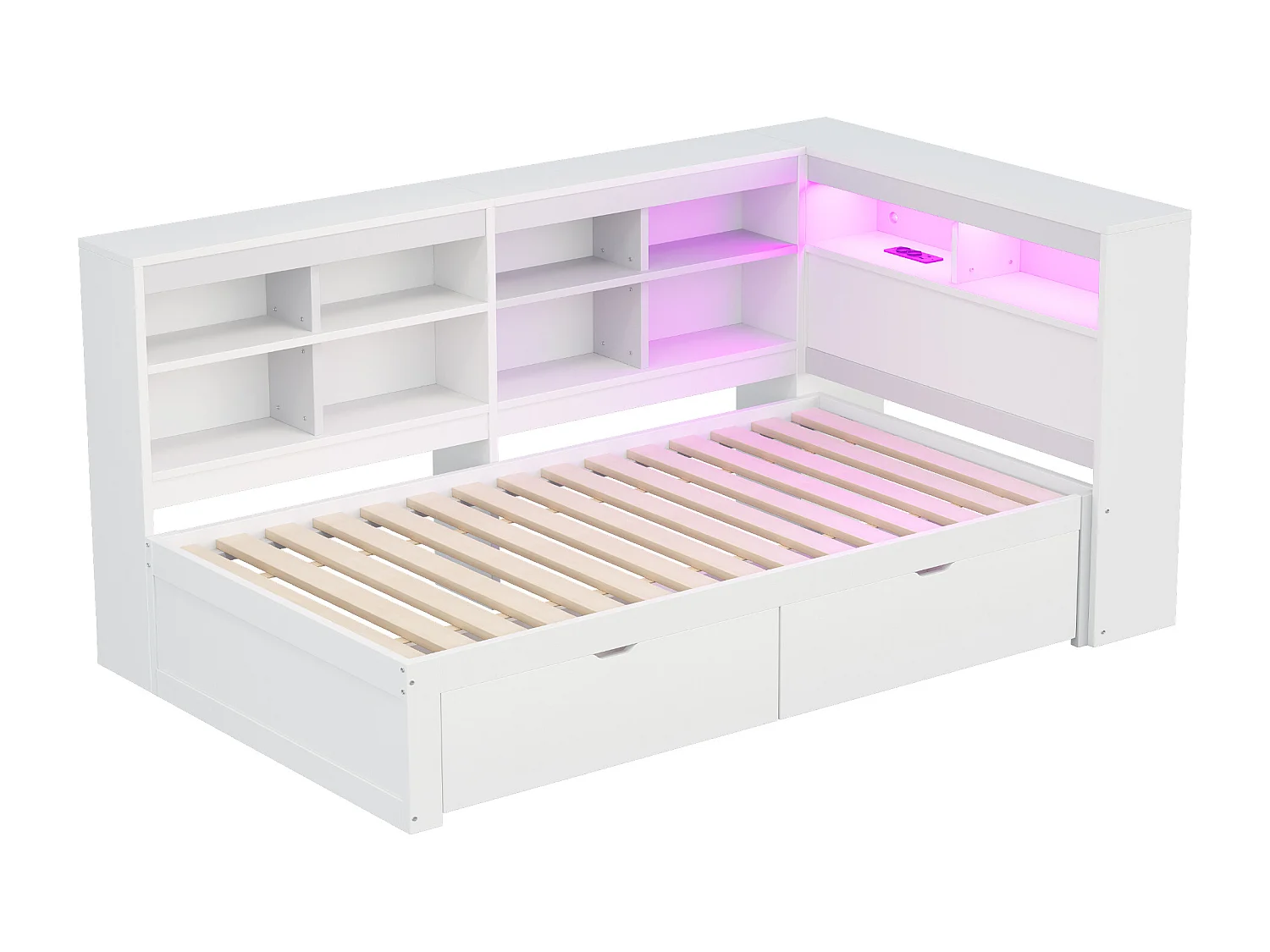 Sofá-cama em madeira maciça 90 x 200 cm - com compartimento de armazenamento - com USB - com iluminação LED + com tomada - branco (sem colchão)