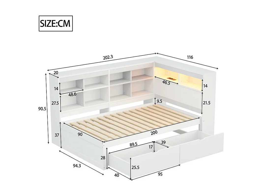 Divano letto in legno massello 90 x 200 cm - con vano di stoccaggio - con USB - con illuminazione LED + con presa di corrente - bianco (senza materasso)