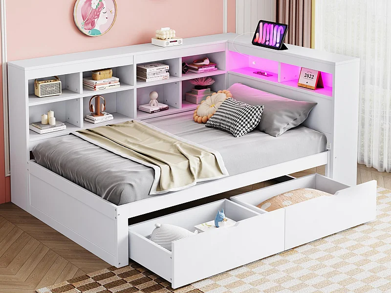 Canapé-lit en bois massif 90 x 200 cm - avec compartiment de rangement - avec USB - avec éclairage LED + avec prise de courant - blanc (sans matelas)