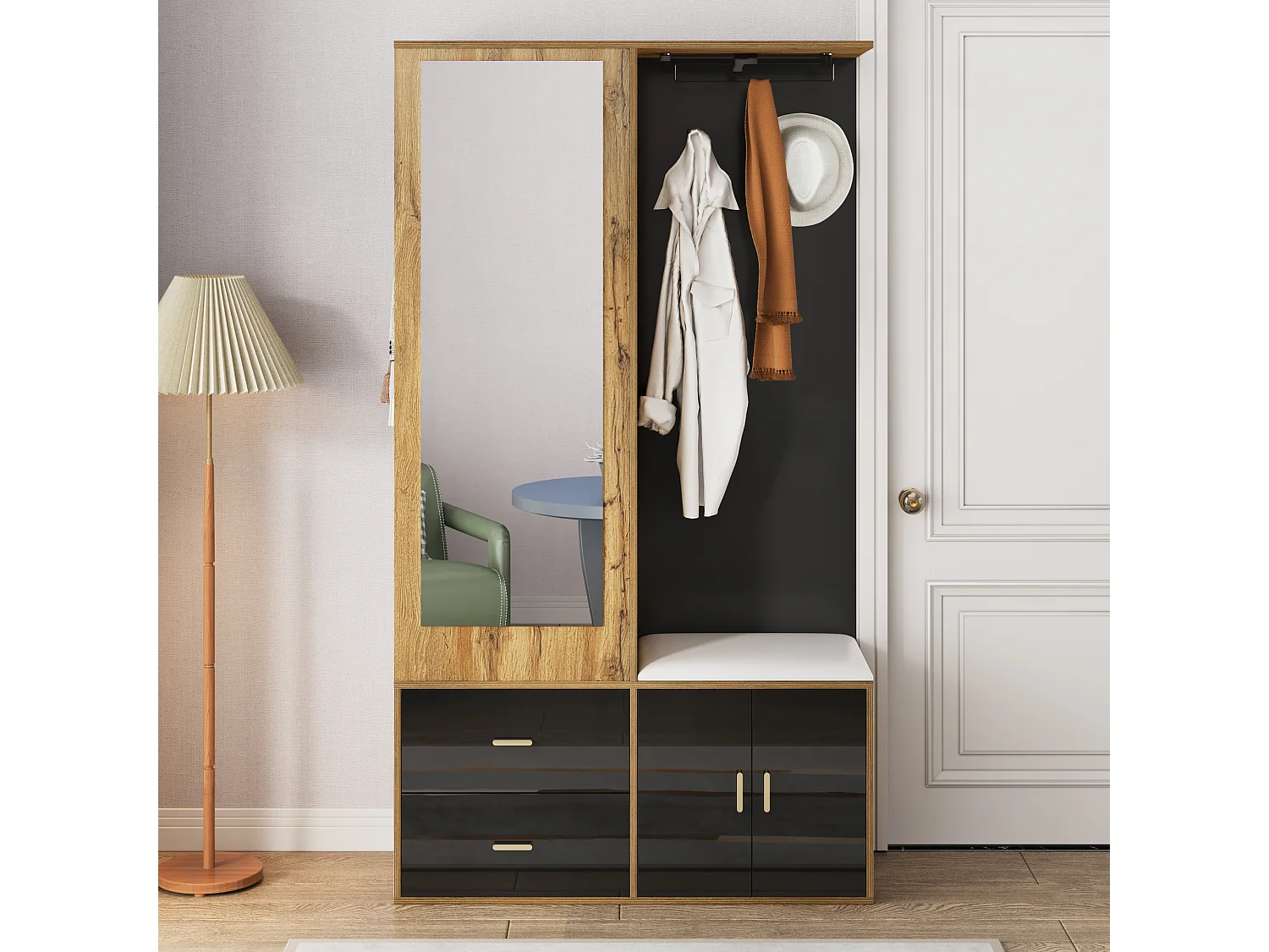 Kleiderschrank 100x38x108.1 cm - Mit Spiegel - Mit Schuhschrank - Mit Haken und ausziehbaren Kleiderbügeln - Schwarz + Natur