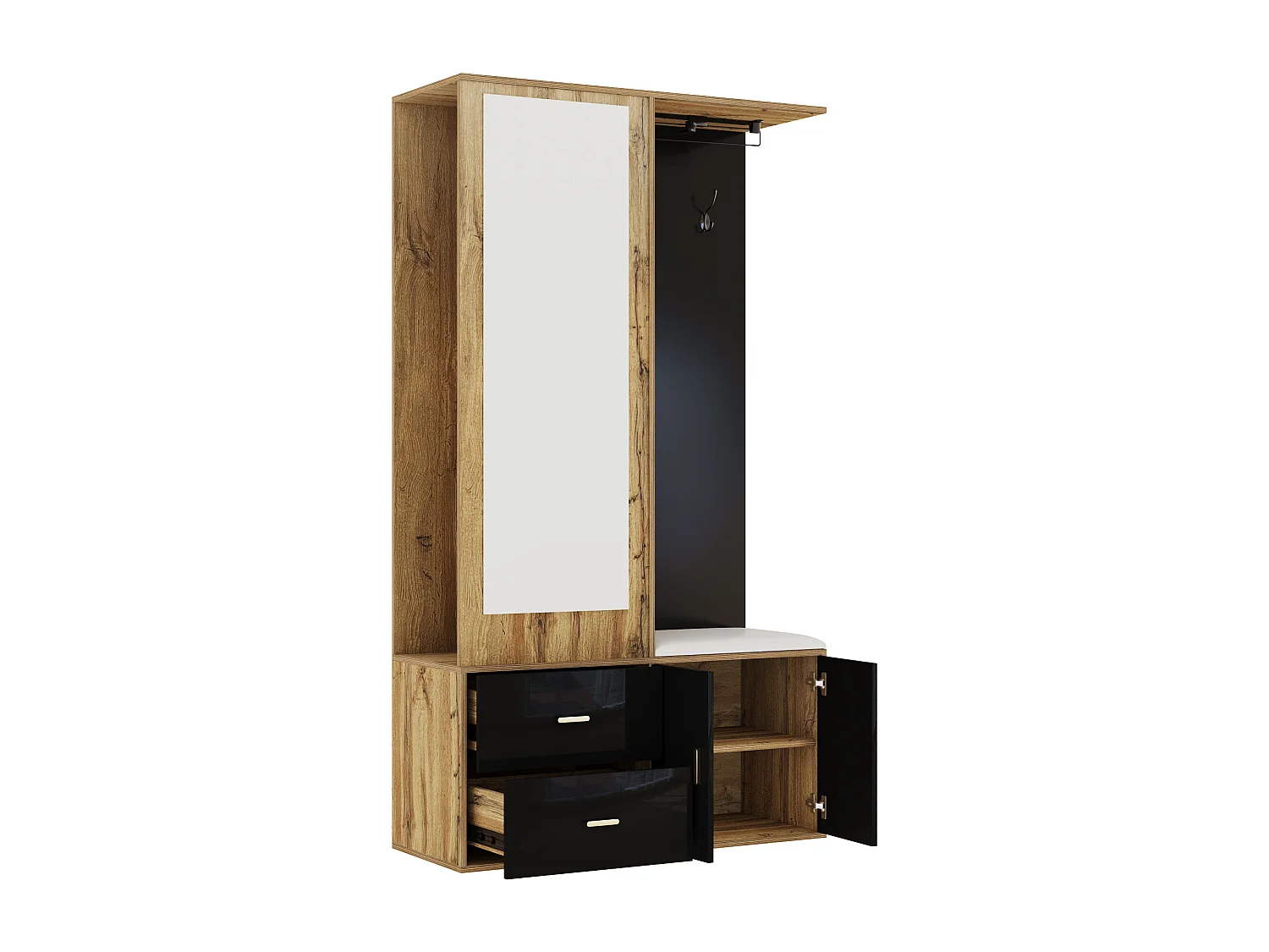 Kleiderschrank 100x38x108.1 cm - Mit Spiegel - Mit Schuhschrank - Mit Haken und ausziehbaren Kleiderbügeln - Schwarz + Natur
