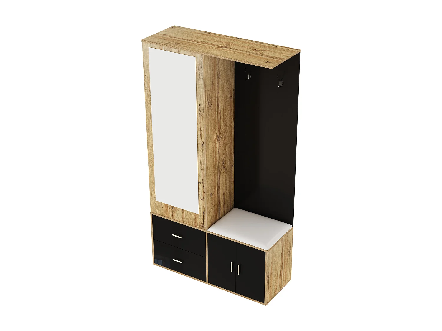 Kleiderschrank 100x38x108.1 cm - Mit Spiegel - Mit Schuhschrank - Mit Haken und ausziehbaren Kleiderbügeln - Schwarz + Natur
