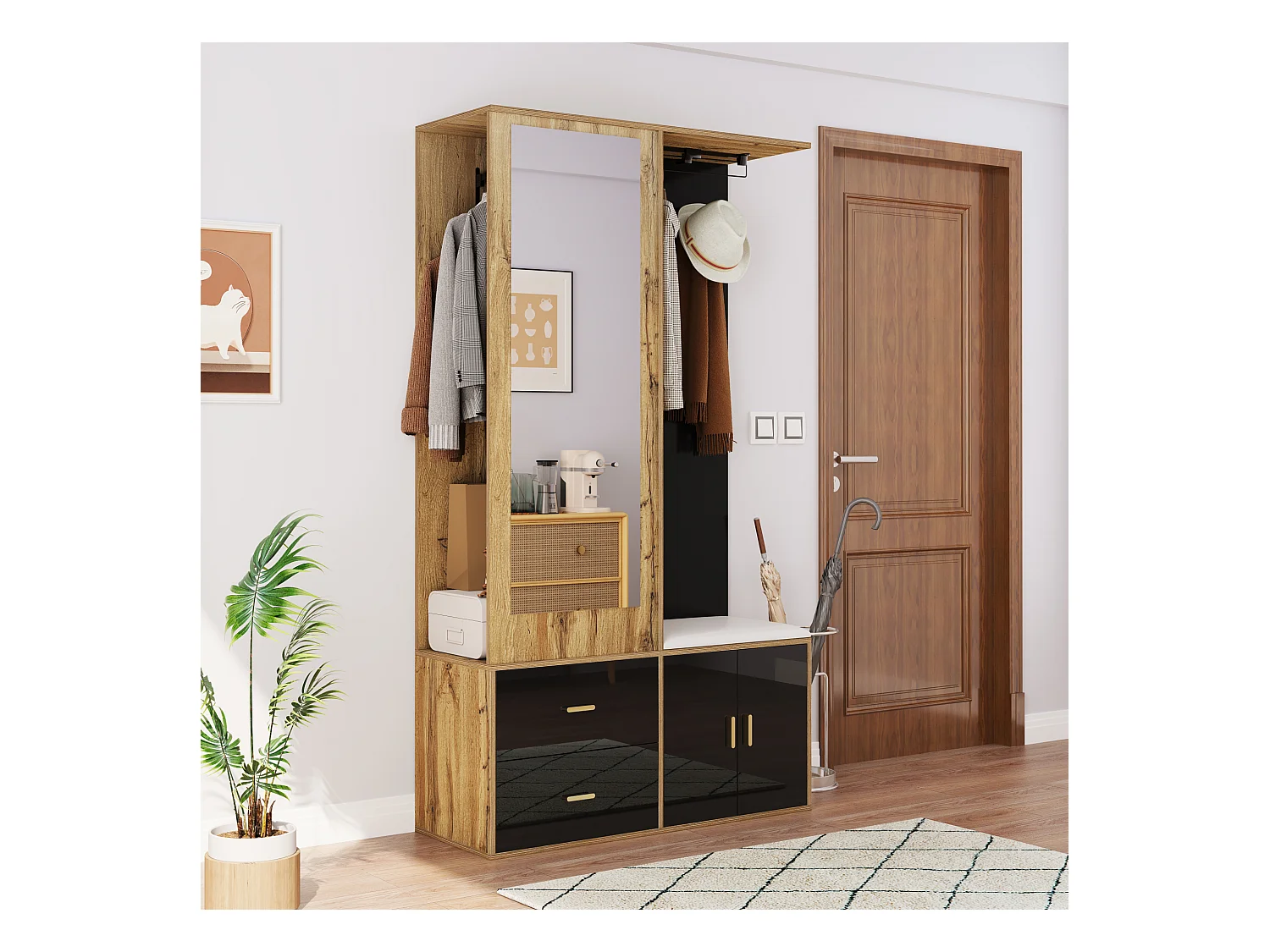 Armoir 100x38x108.1cm - Avec miroir - Avec meuble à chaussures - Avec crochets et cintres rétractables - Noir + Naturel