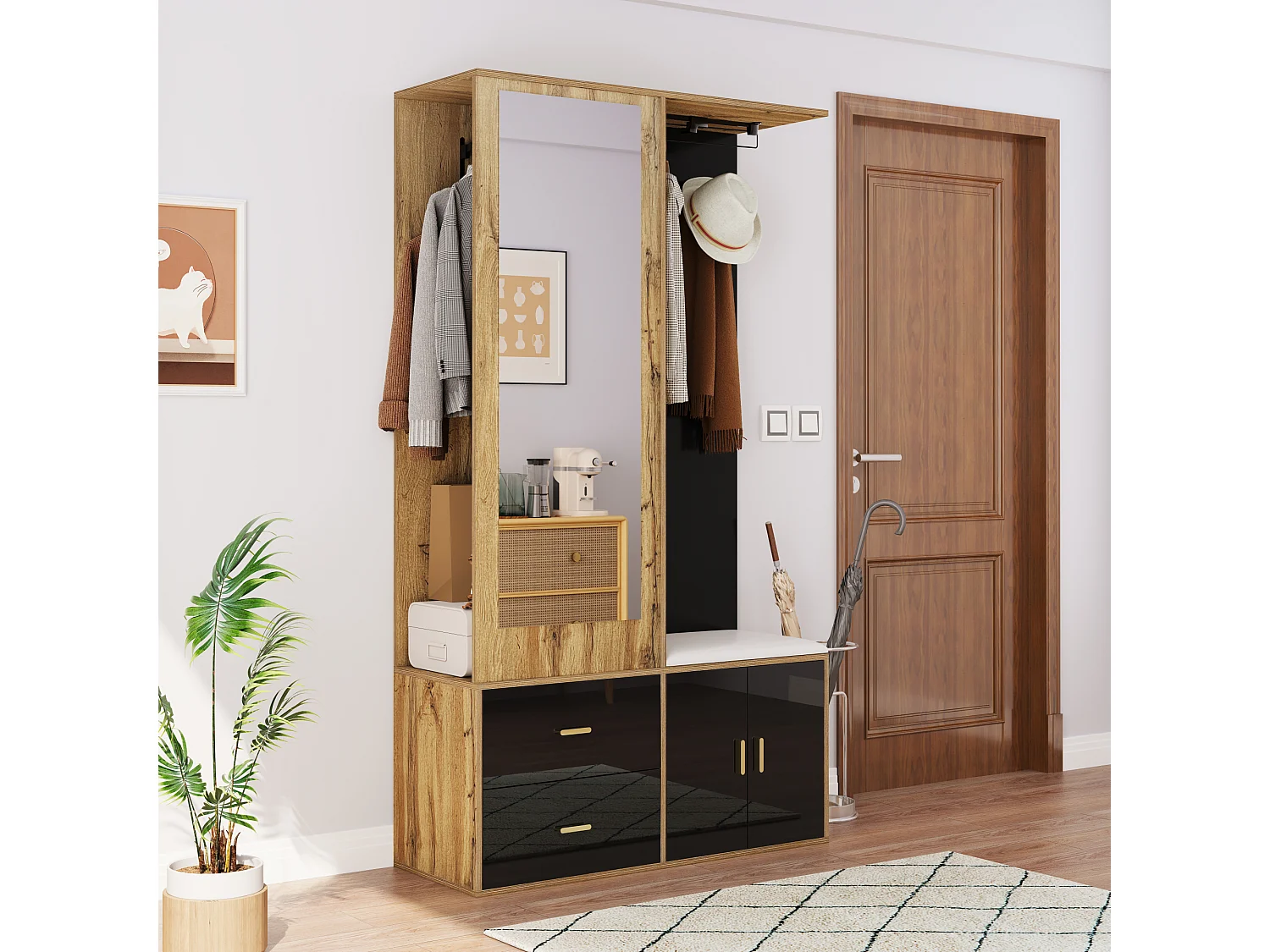 Guarda-roupa 100x38x108.1 cm - Com espelho - Com sapateiro - Com ganchos e cabides retráteis - Preto + Natural