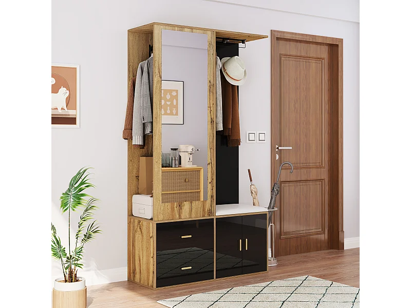 Kledingkast 100x38x108.1 cm - Met spiegel - Met schoenenkast - Met haken en uitschuifbare hangertjes - Zwart + Naturel