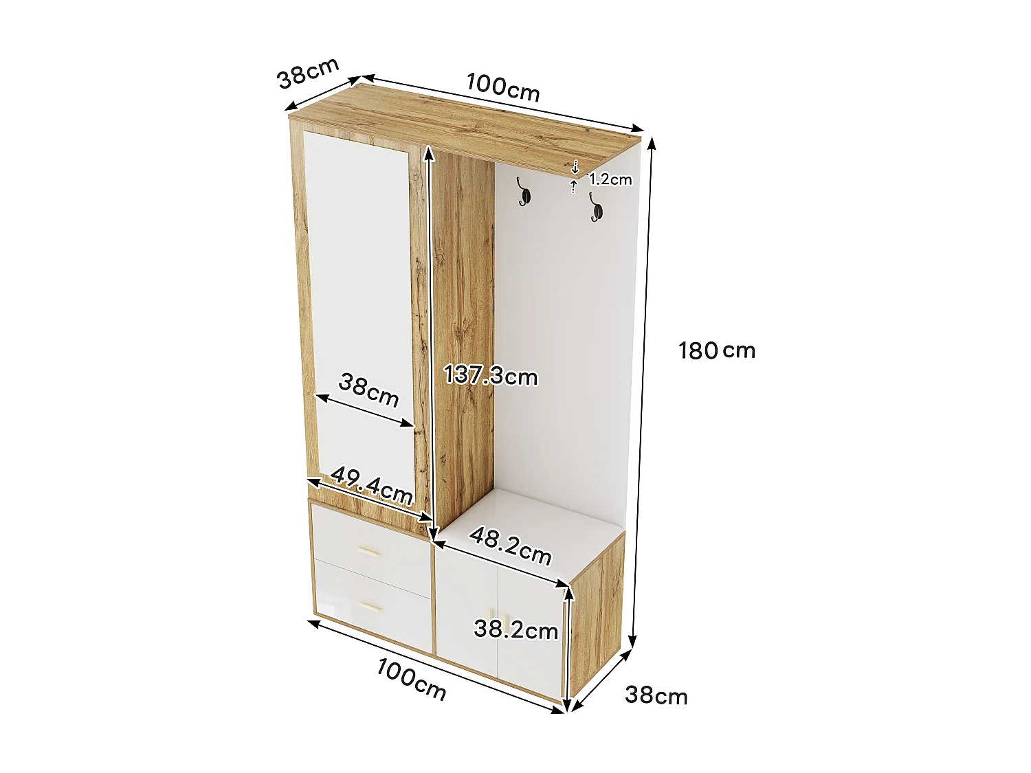 Armoir 100x38x108.1cm - Avec miroir - Avec meuble à chaussures - Avec crochets et cintres rétractables - Blanc + Naturel