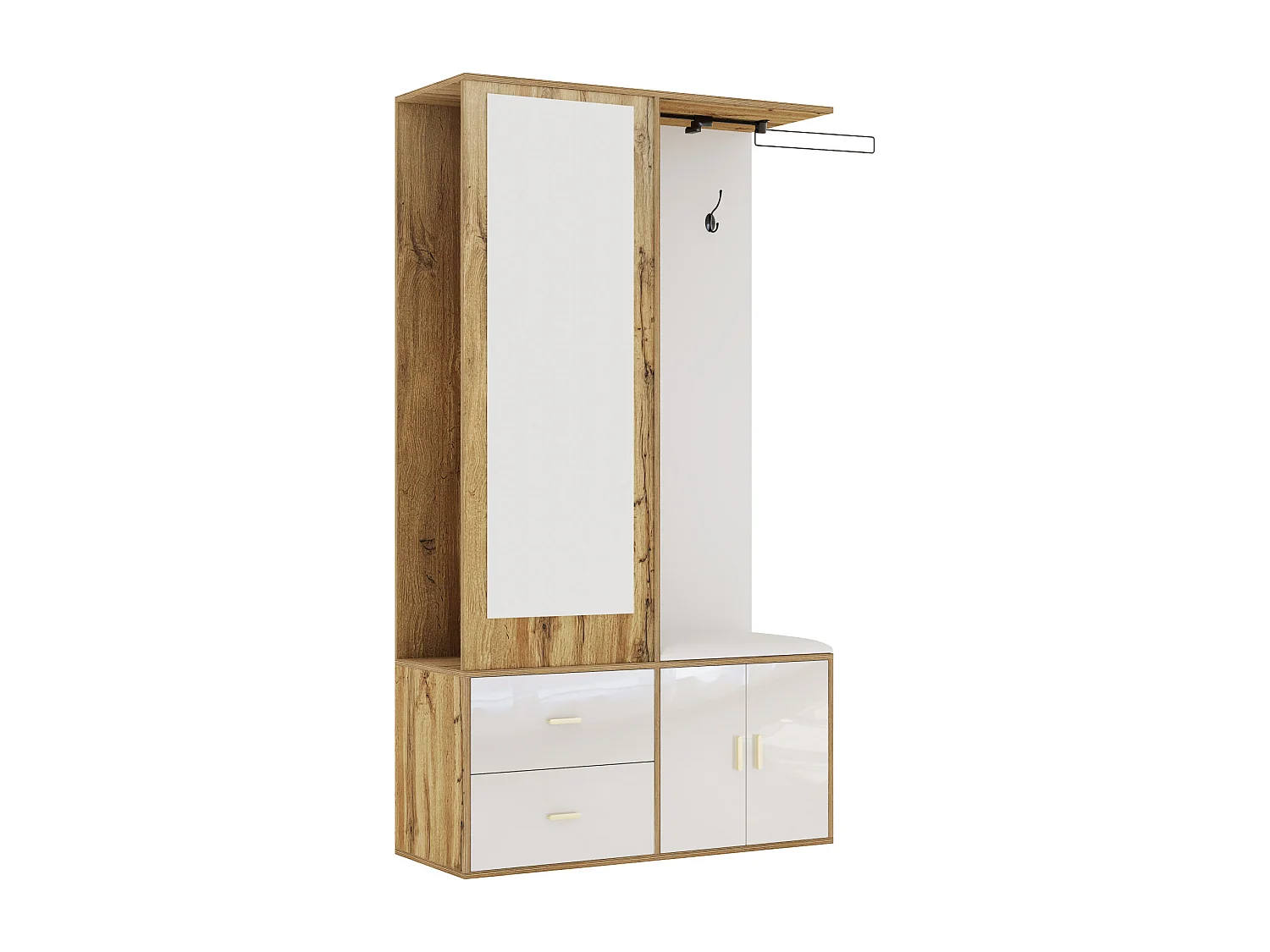 Armoir 100x38x108.1cm - Avec miroir - Avec meuble à chaussures - Avec crochets et cintres rétractables - Blanc + Naturel