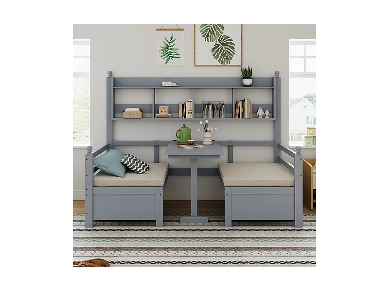 Canapé-lit 200x90 cm - 2 en 1 lit et bureau - avec bibliothèque - avec coussins confortables - bois massif - gris