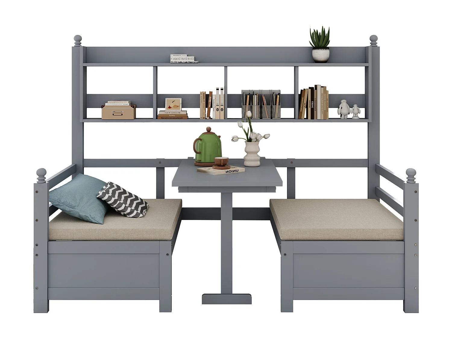 Canapé-lit 200x90 cm - 2 en 1 lit et bureau - avec bibliothèque - avec coussins confortables - bois massif - gris