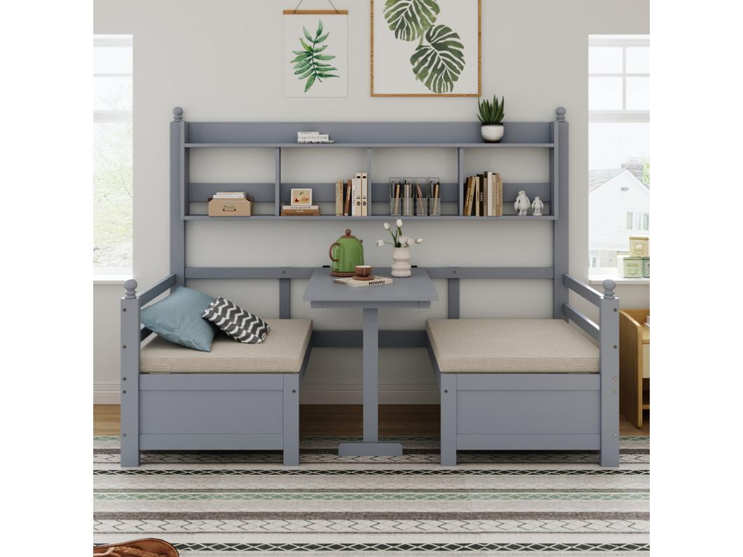 Slaapbank 200x90 cm - 2 in 1 bed en bureau - met boekenkast - met comfortabele kussens - massief hout - grijs