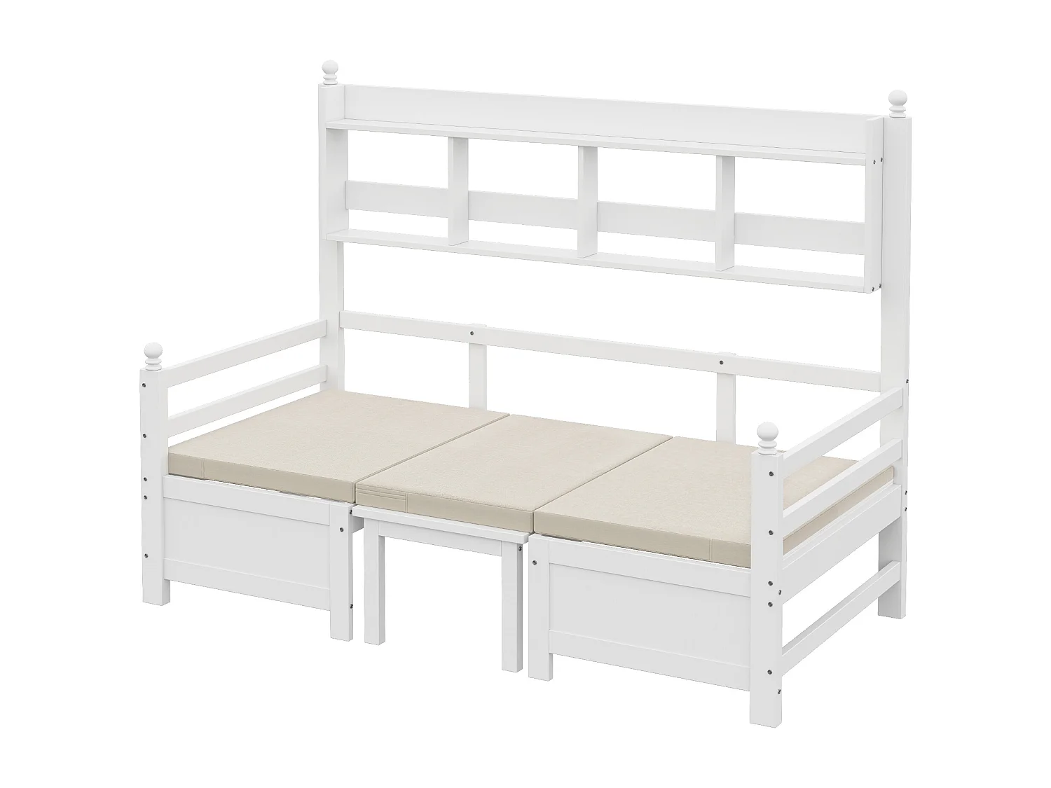 Canapé-lit 200x90 cm - 2 en 1 lit et bureau - avec bibliothèque - avec coussins confortables - bois massif - blanc