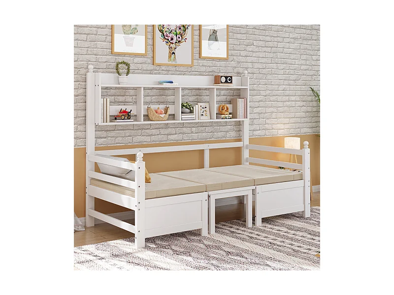 Canapé-lit 200x90 cm - 2 en 1 lit et bureau - avec bibliothèque - avec coussins confortables - bois massif - blanc