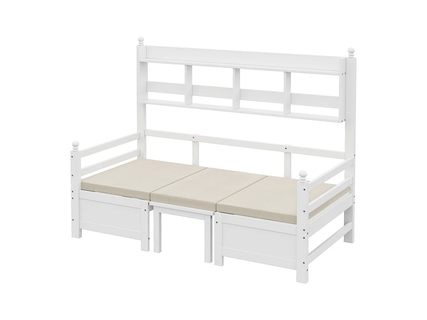 Sofabett 200x90 cm - 2 in 1 Bett und Schreibtisch - mit Bücherregal - mit bequemen Kissen - Massivholz - weiß