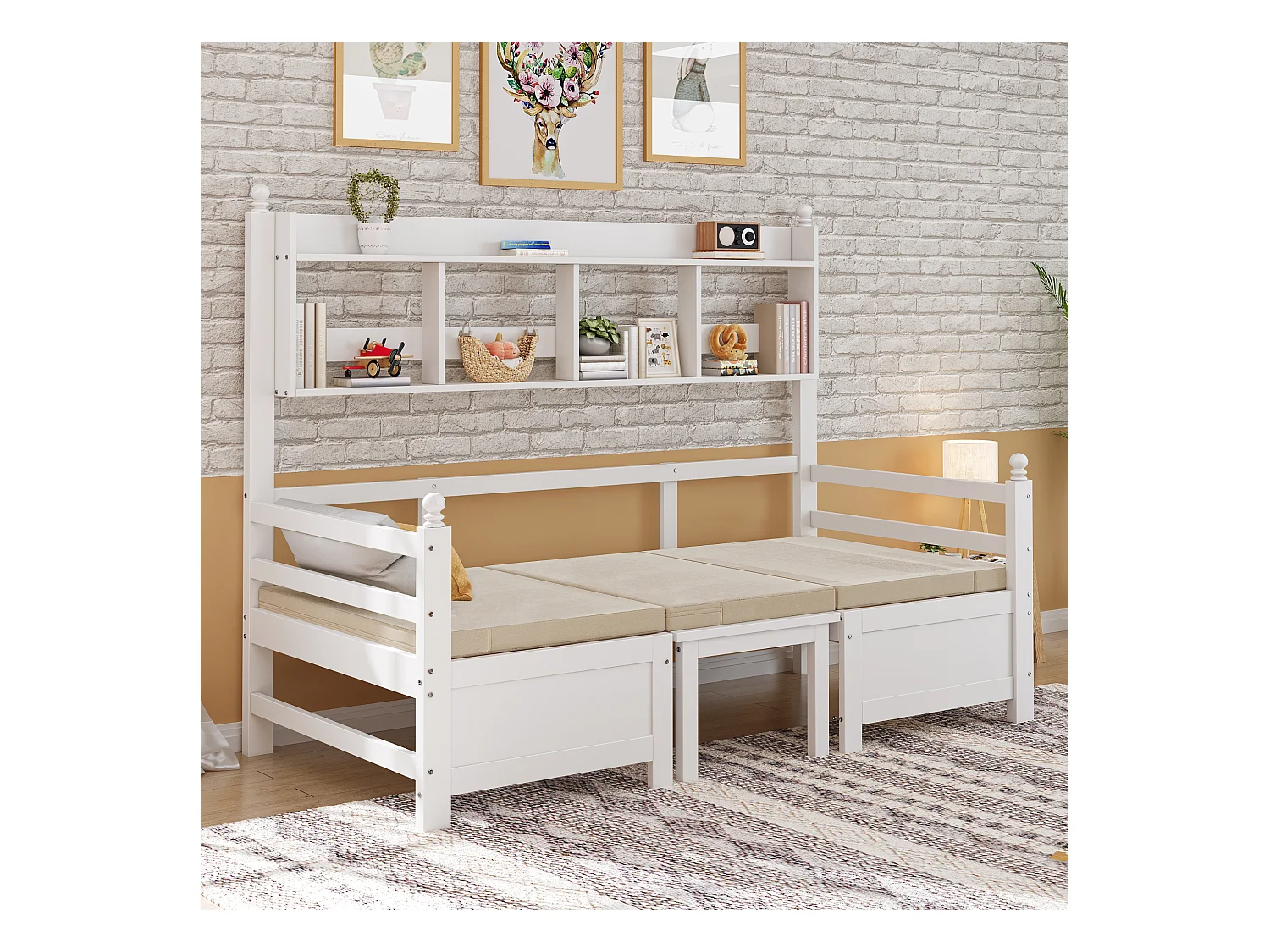 Sofabett 200x90 cm - 2 in 1 Bett und Schreibtisch - mit Bücherregal - mit bequemen Kissen - Massivholz - weiß