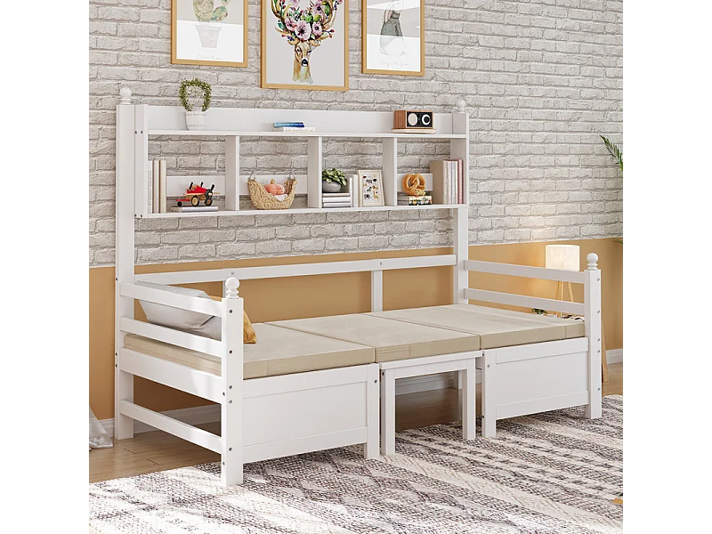 Sofabett 200x90 cm - 2 in 1 Bett und Schreibtisch - mit Bücherregal - mit bequemen Kissen - Massivholz - weiß