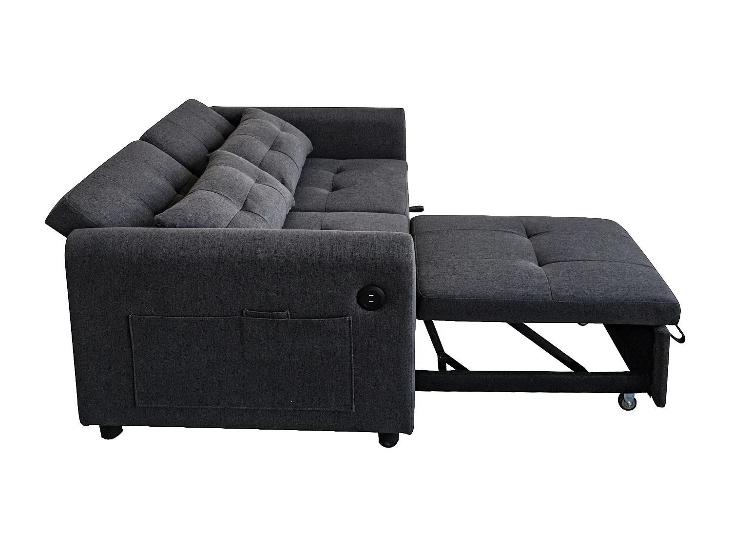 Canapé 3 en 1 - Canapé 2 places - Dossier réglable - Avec port USB - Poches d'accoudoirs + Coussins - Gris