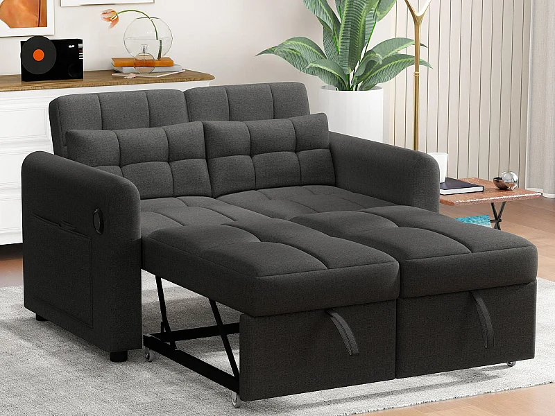 Sofá 3 en 1 - Sofá de 2 plazas - Respaldo ajustable - Con puerto USB - Bolsillos en los reposabrazos + Cojines - gris