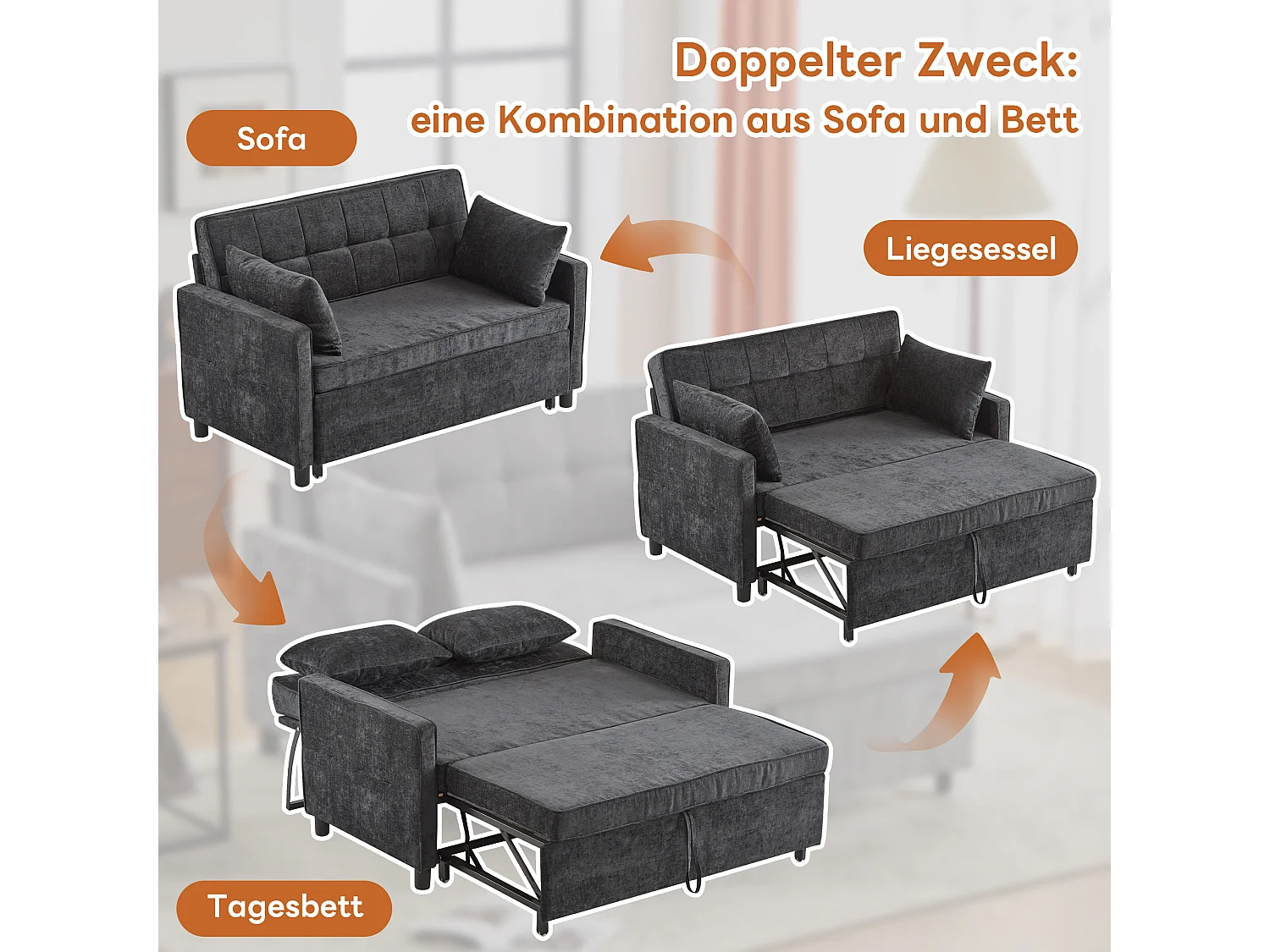 Canapé 142x79x85cm- Dossier réglable - Chenille - Avec 2 coussins - noir