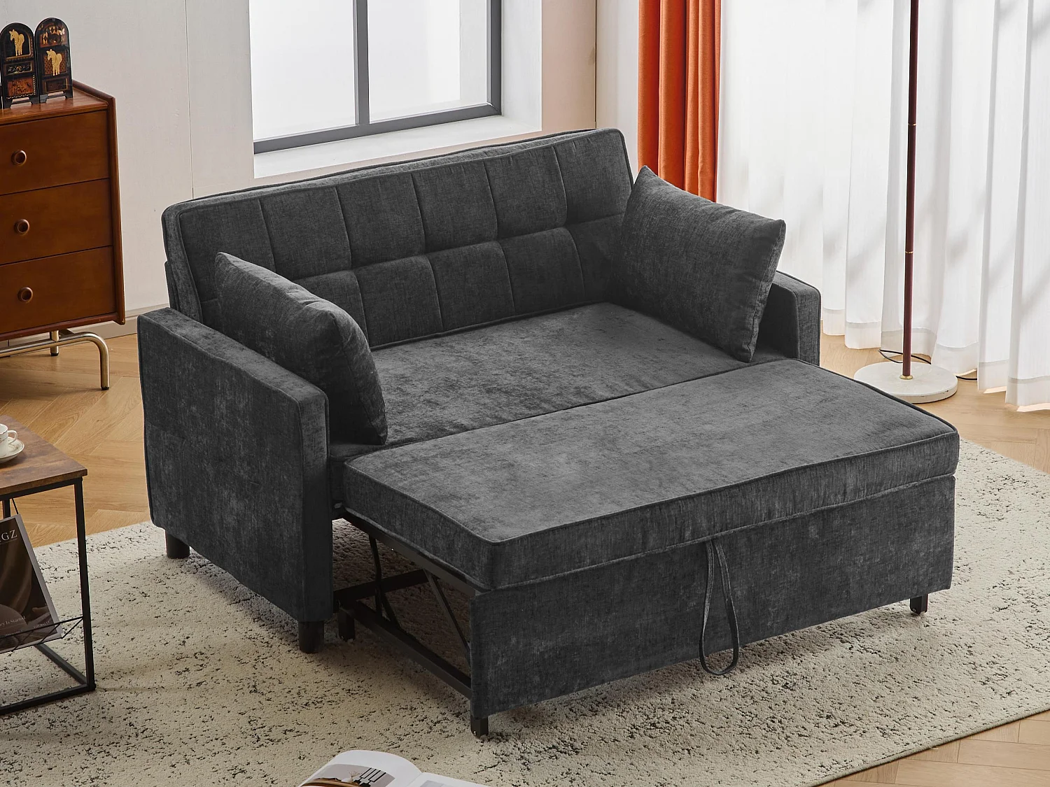 Canapé 142x79x85cm- Dossier réglable - Chenille - Avec 2 coussins - noir