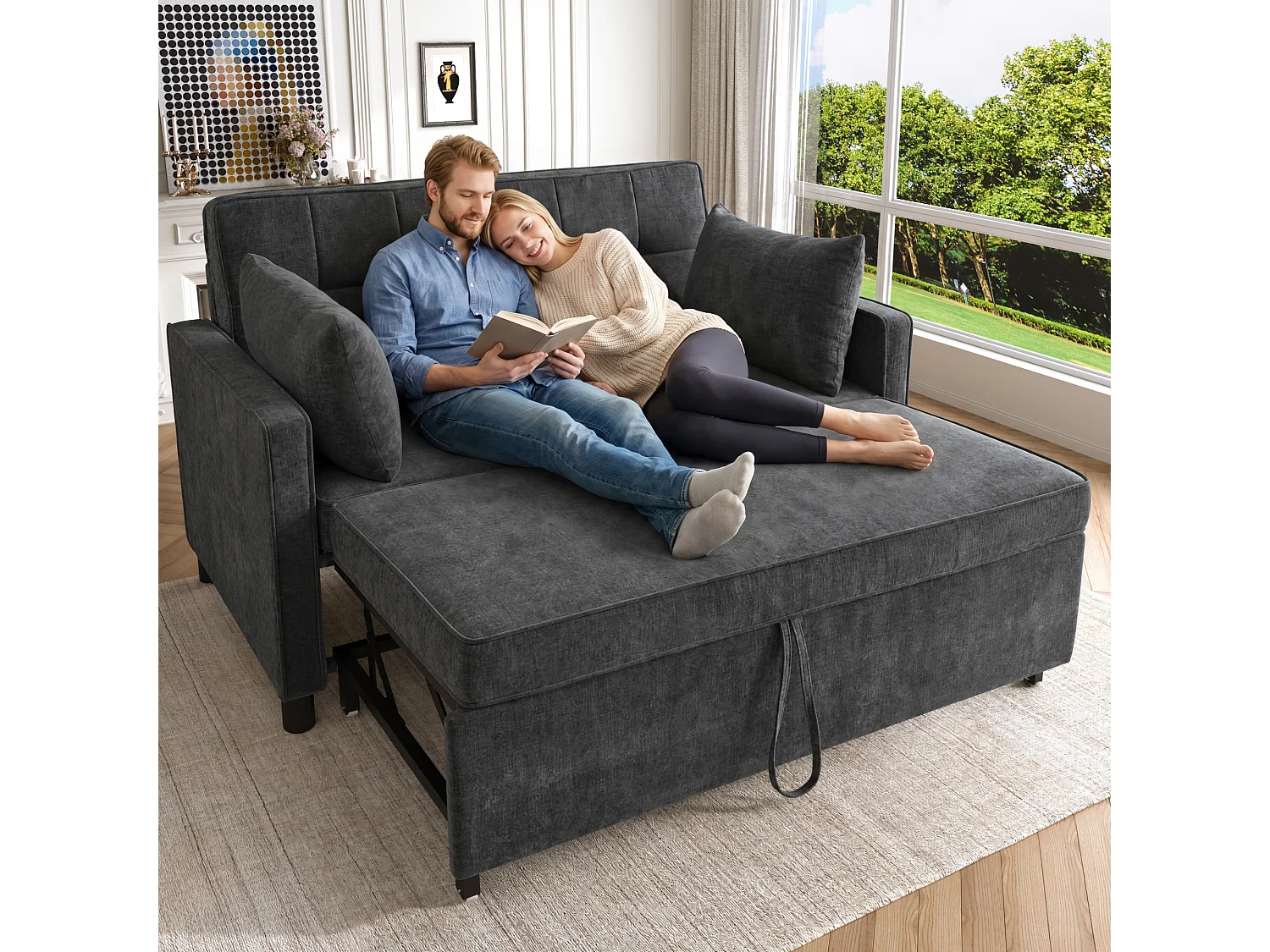 Canapé 142x79x85cm- Dossier réglable - Chenille - Avec 2 coussins - noir