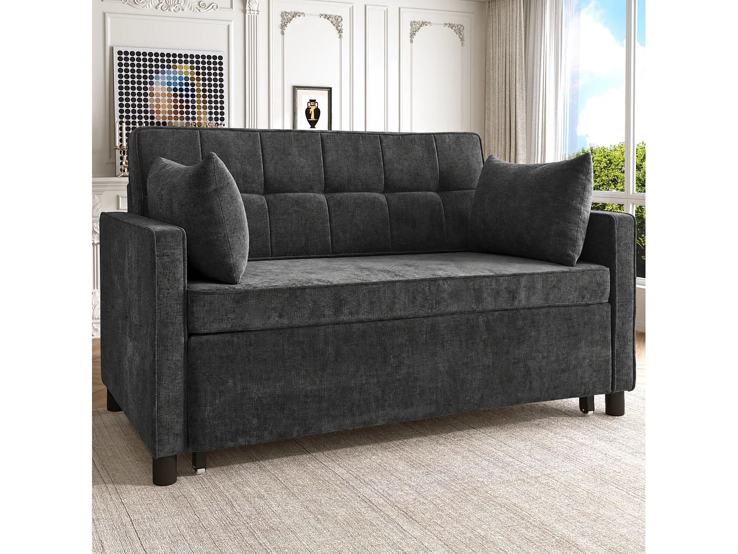 Canapé 142x79x85cm- Dossier réglable - Chenille - Avec 2 coussins - noir