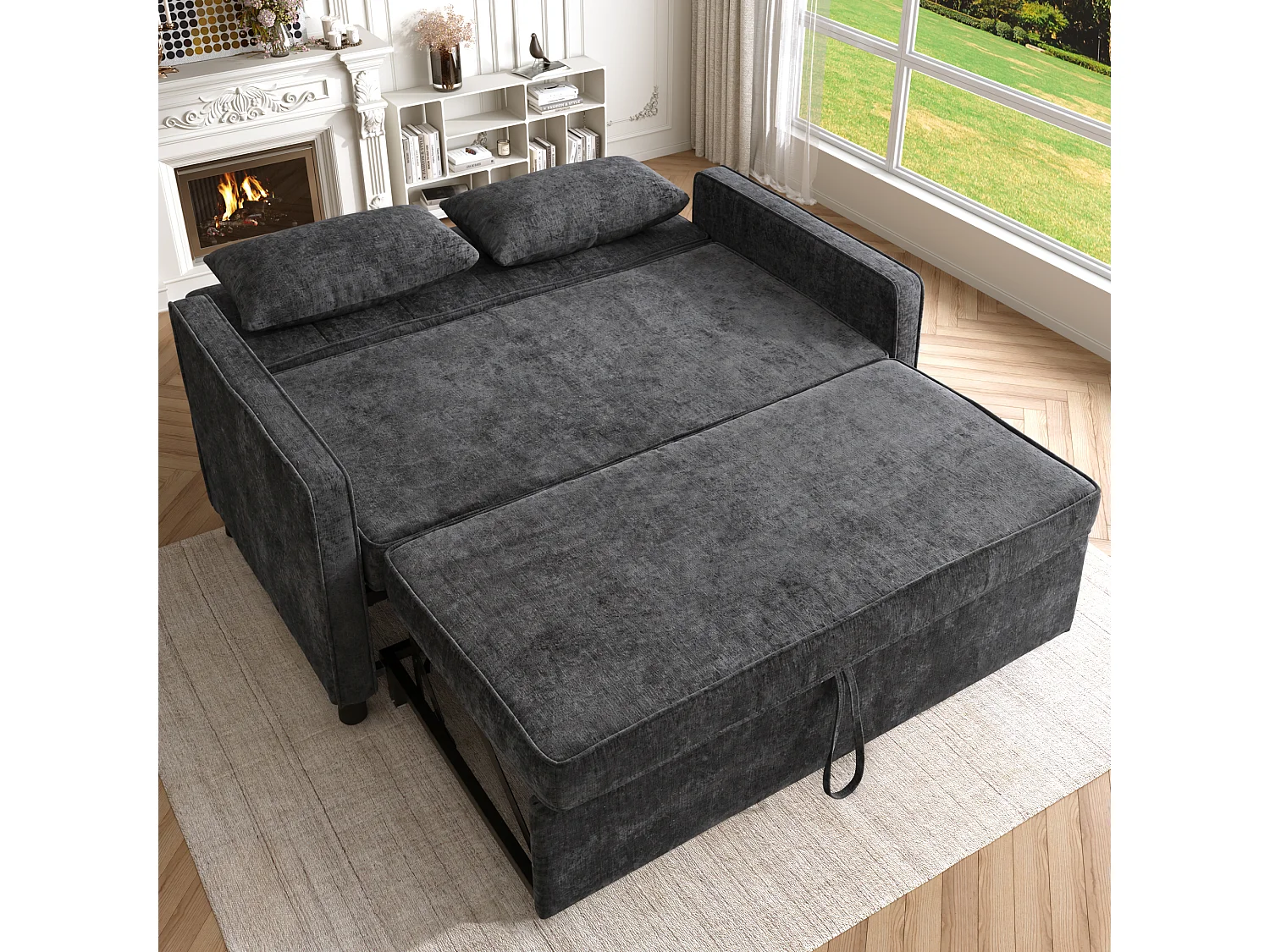 Canapé 142x79x85cm- Dossier réglable - Chenille - Avec 2 coussins - noir