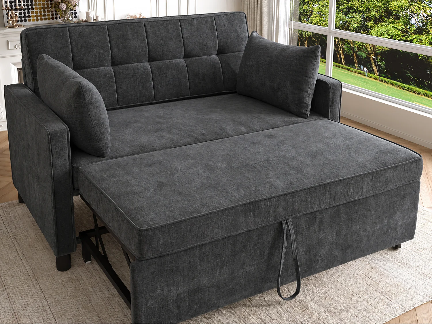 Canapé 142x79x85cm- Dossier réglable - Chenille - Avec 2 coussins - noir
