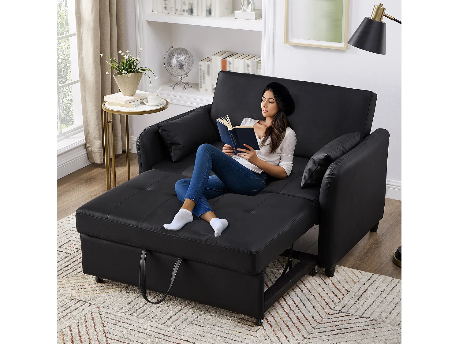 Multifunctionele bank 122x83x82 cm - met slaapfunctie - inklapbare tweepersoons slaapbank - rugleuning instelbaar in 3 standen - waterdicht PU-materiaal - zwart