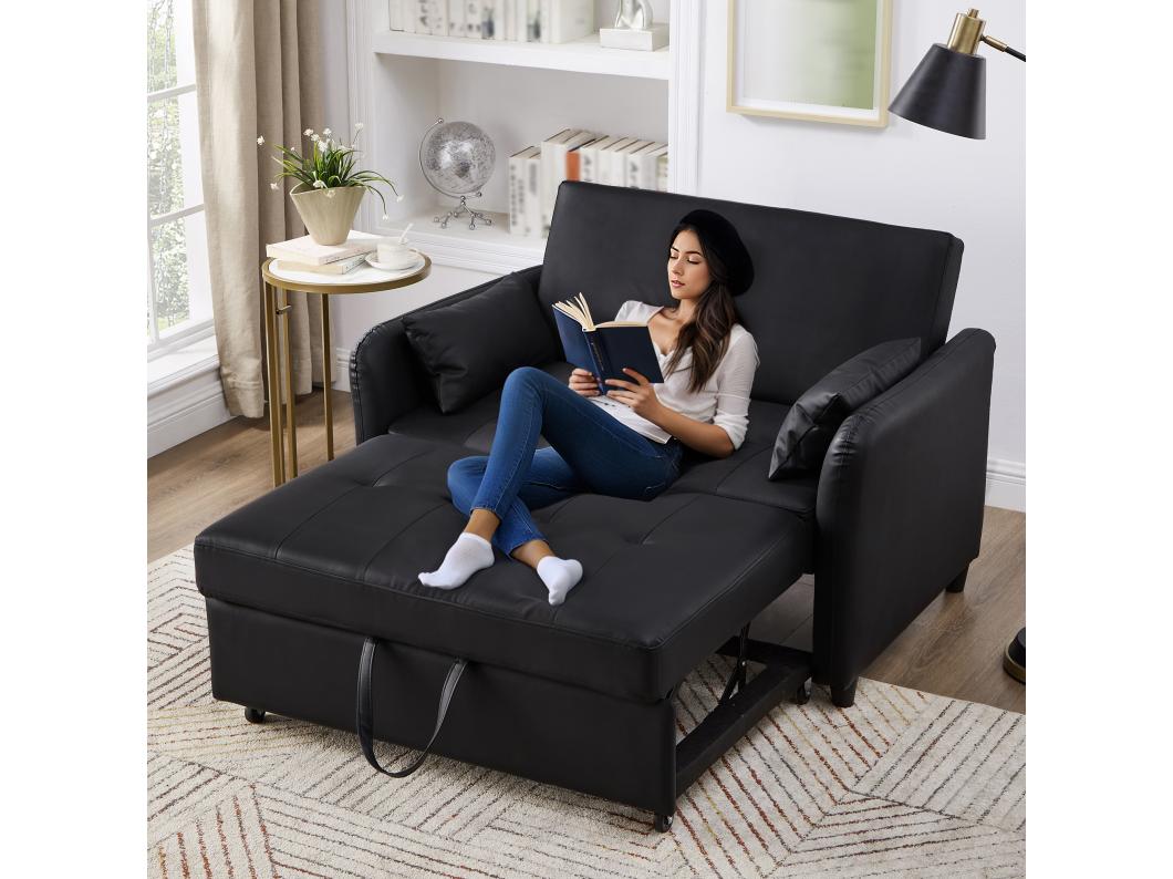 Kanapa wielofunkcyjna 122x83x82cm - z funkcją spania - rozkładana kanapa dwuosobowa - regulowane oparcie na 3 poziomach - materiał PU wodoodporny - czarny