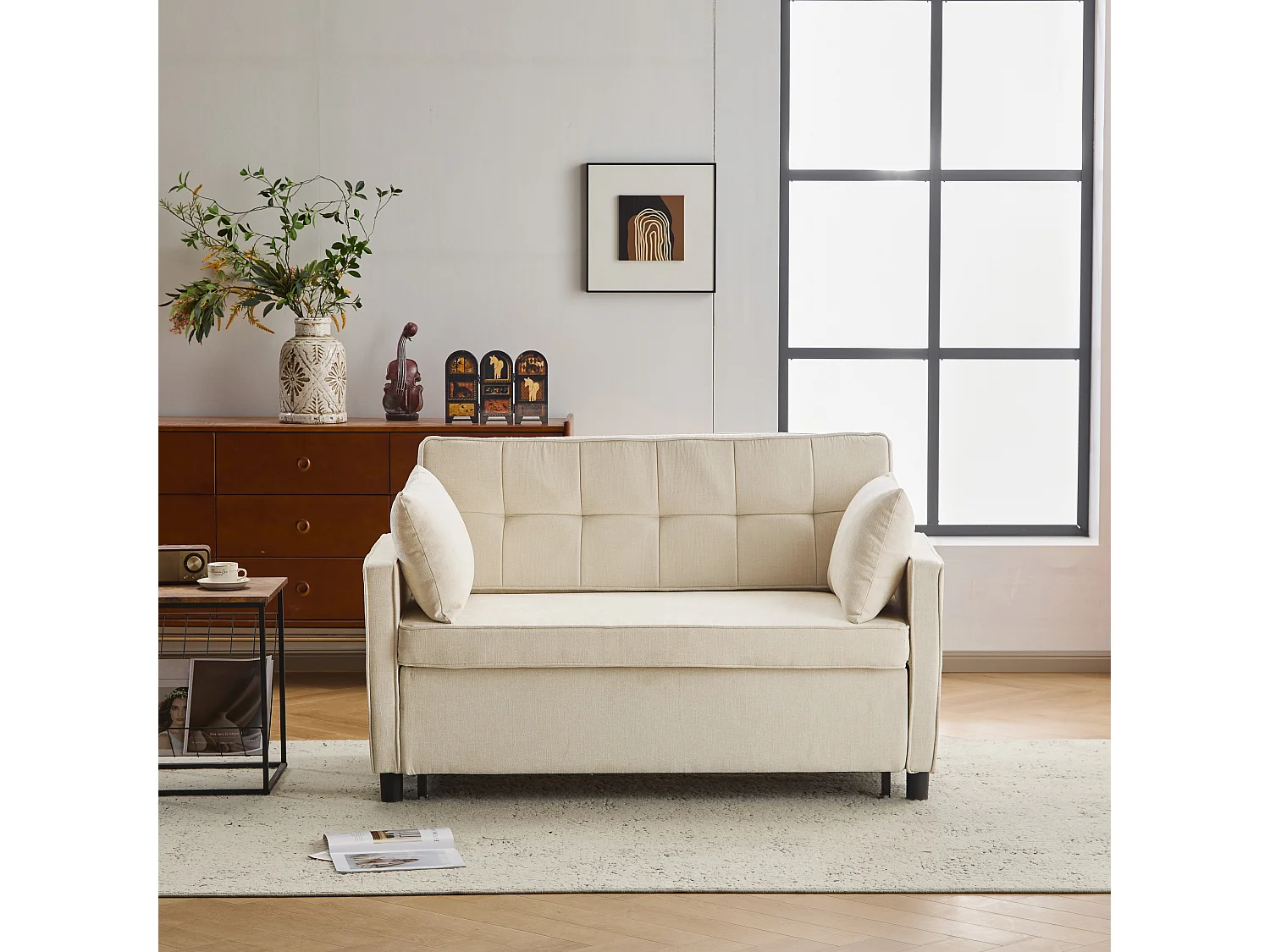 Canapé 142x79x85cm- Dossier réglable - Chenille - Avec 2 coussins - Beige