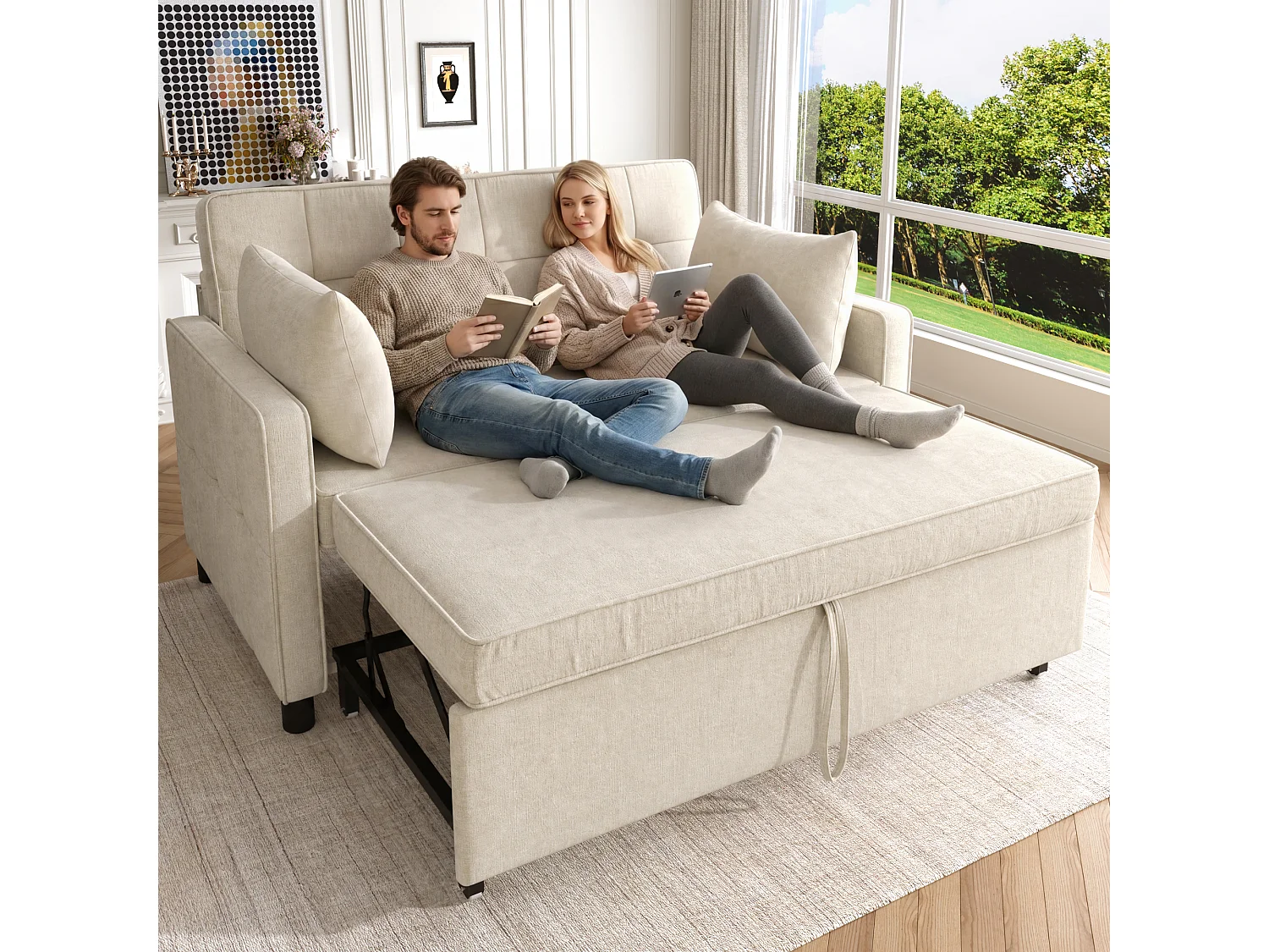 Canapé 142x79x85cm- Dossier réglable - Chenille - Avec 2 coussins - Beige