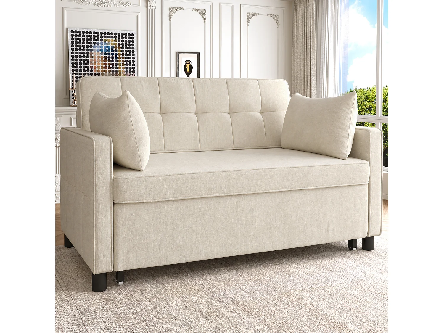 Canapé 142x79x85cm- Dossier réglable - Chenille - Avec 2 coussins - Beige