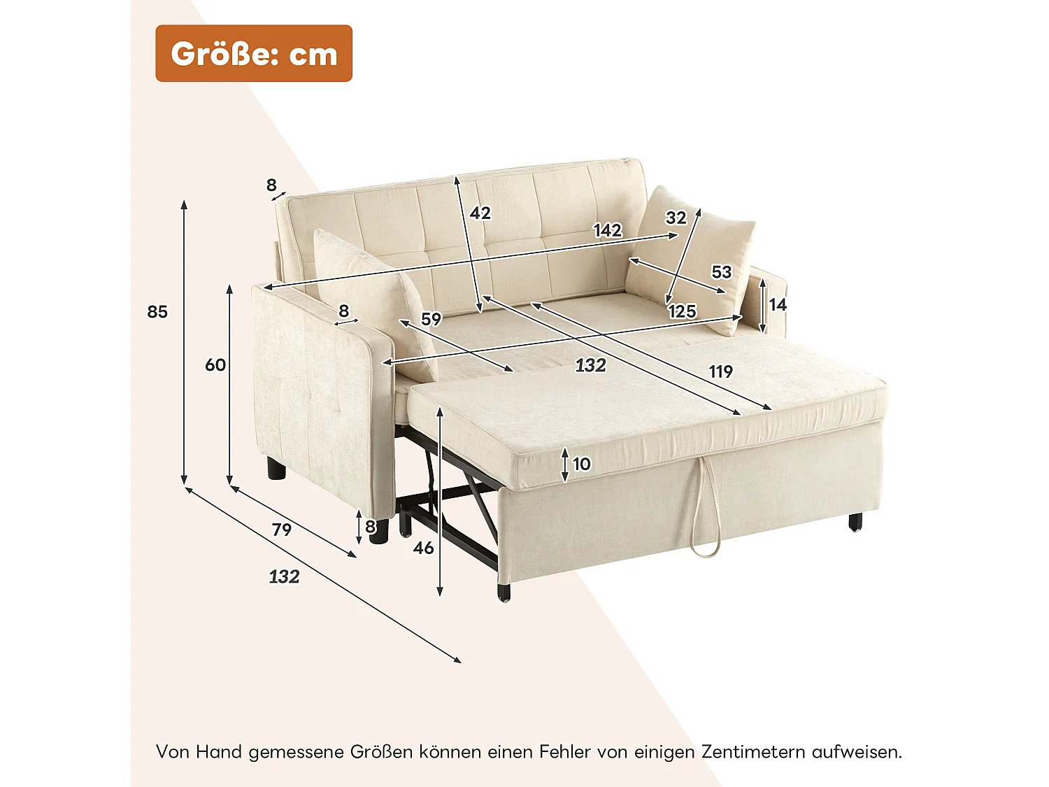 Canapé 142x79x85cm- Dossier réglable - Chenille - Avec 2 coussins - Beige