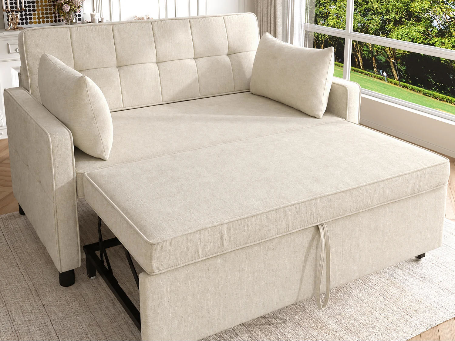 Canapé 142x79x85cm- Dossier réglable - Chenille - Avec 2 coussins - Beige