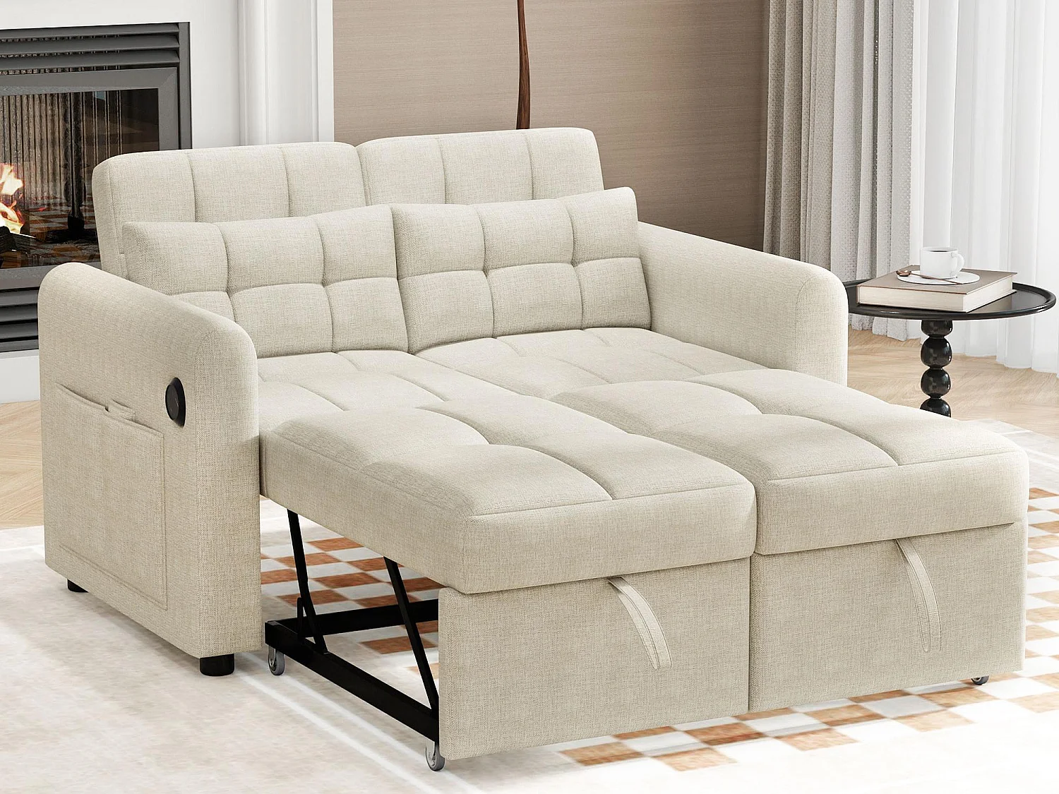 3-in-1 bank - 2-zits bank - Verstelbare rugleuning - Met USB-poort - Armleuningen met zakken + Kussens - beige