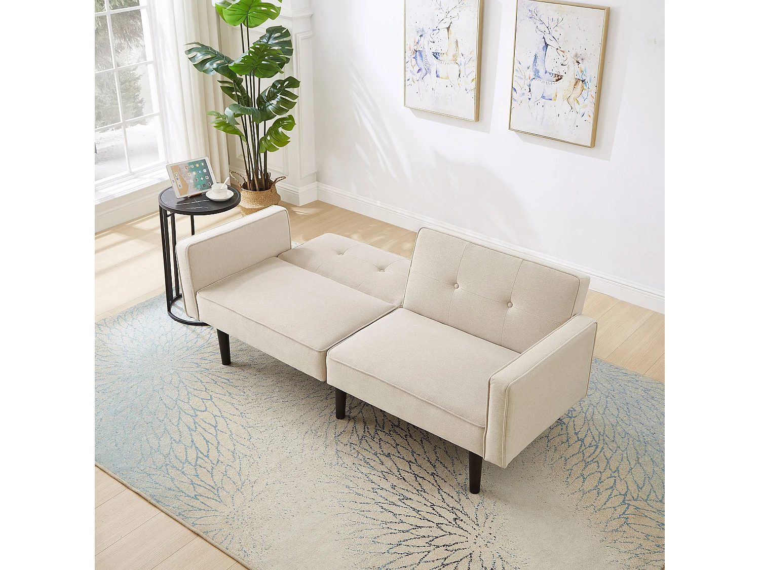 Sofá 2 em 1 (176x76x74 cm) - Chaise longue - Encosto duplo ajustável - Função cama - Tecido algodão-linho - Espuma de alta densidade - Bege