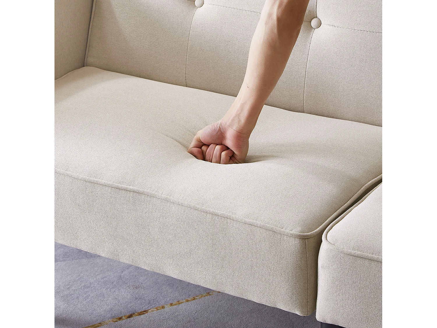 Sofá 2 em 1 (176x76x74 cm) - Chaise longue - Encosto duplo ajustável - Função cama - Tecido algodão-linho - Espuma de alta densidade - Bege