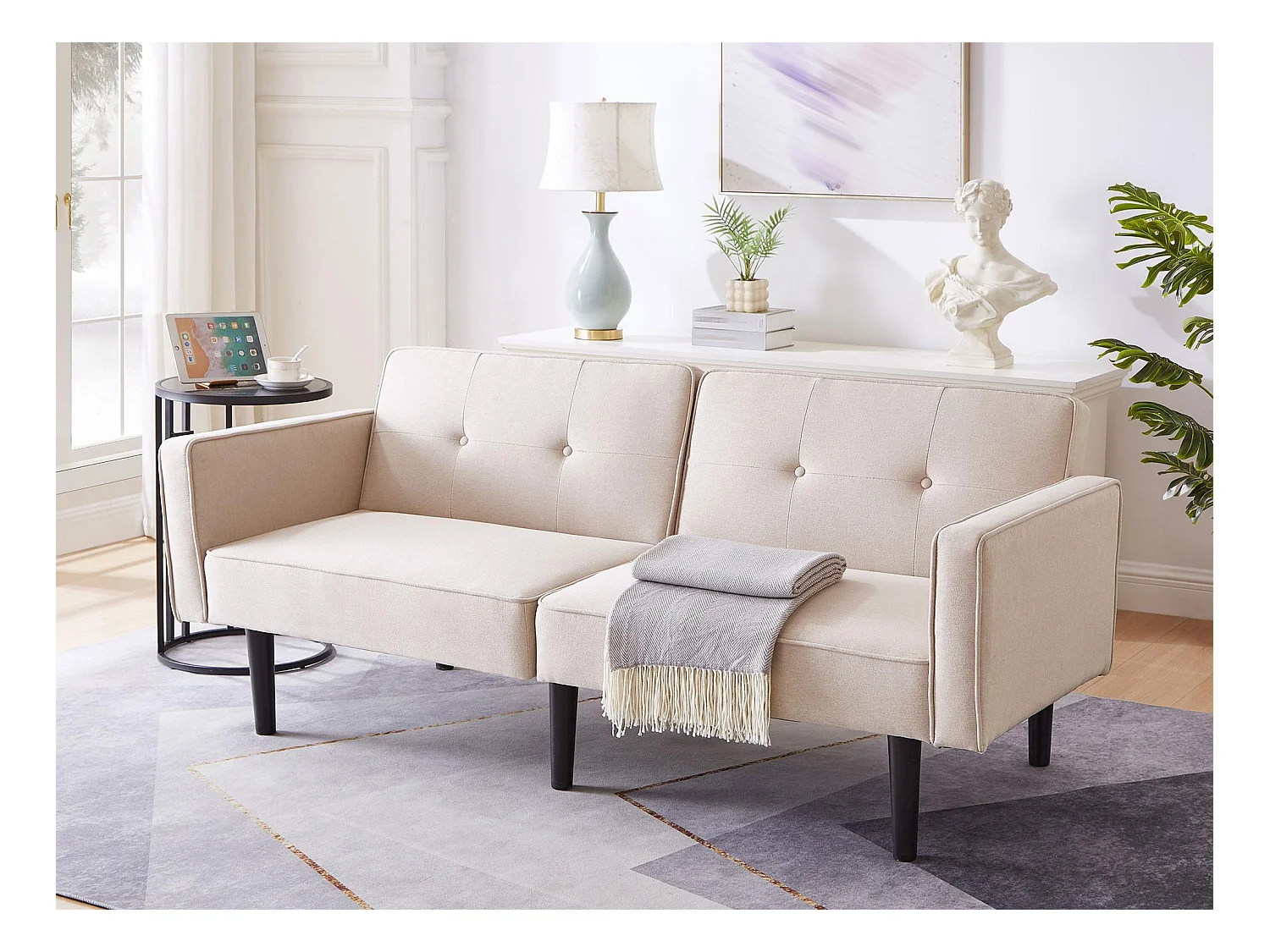 Canapé 2 en 1 (176x76x74cm) - Causeuse - Double dossier réglable - Avec fonction couchage - Tissu coton et lin - Mousse haute densité - Beige