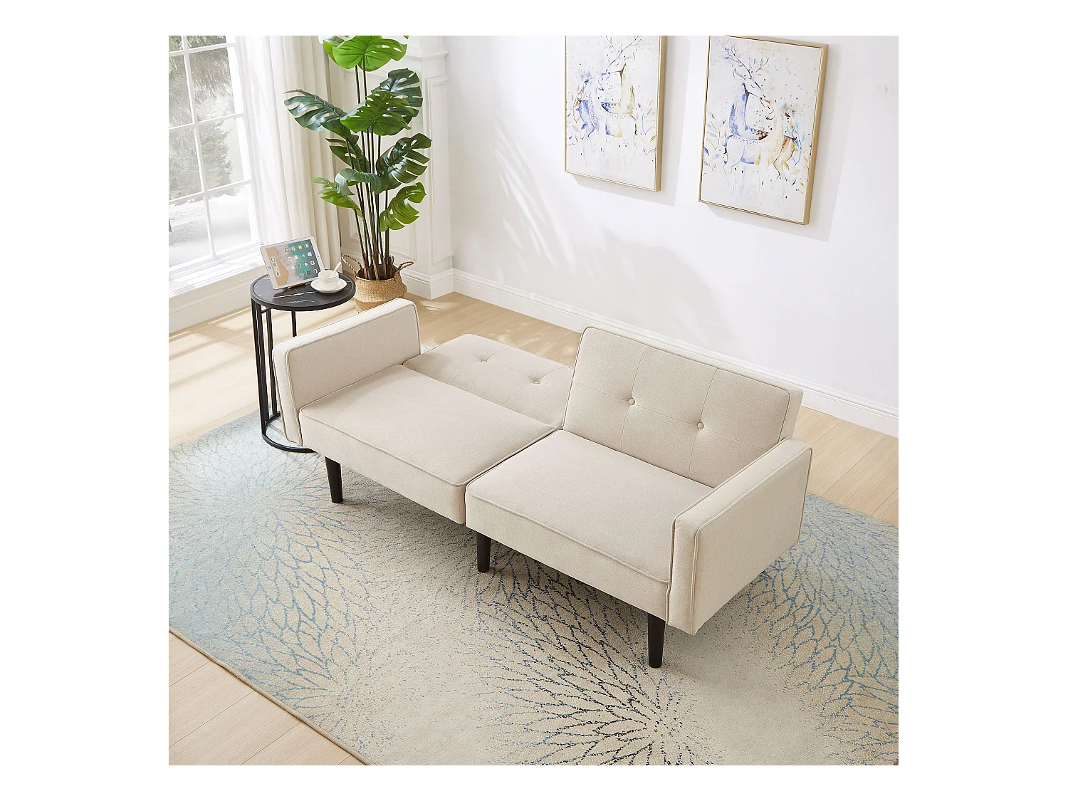 2-in-1-Sofa (176x76x74 cm) - Chaiselongue - Doppelt verstellbare Rückenlehne - Schlaffunktion - Baumwoll-Leinen-Stoff - Hochdichteschaum - Beige