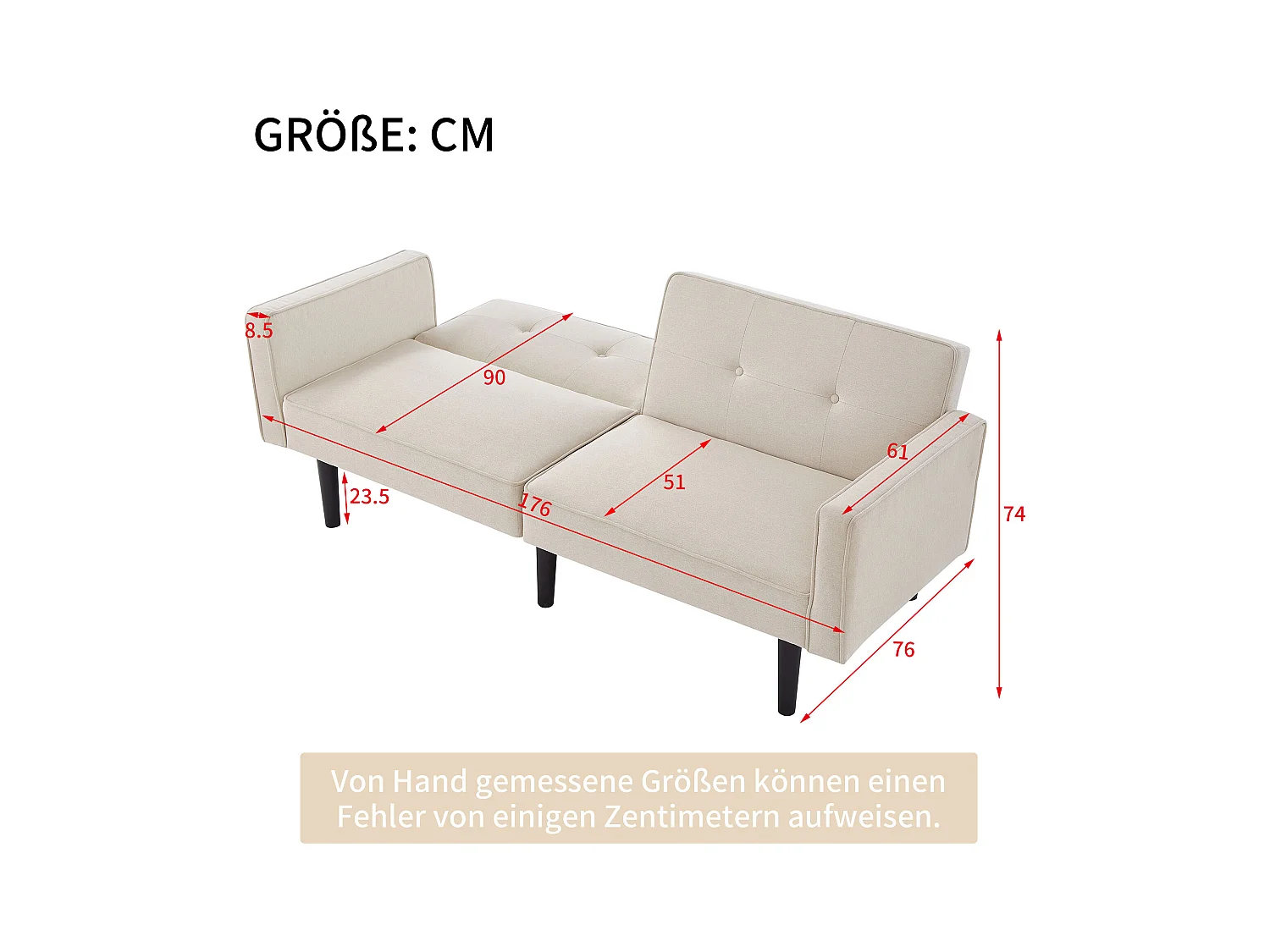2-in-1-Sofa (176x76x74 cm) - Chaiselongue - Doppelt verstellbare Rückenlehne - Schlaffunktion - Baumwoll-Leinen-Stoff - Hochdichteschaum - Beige
