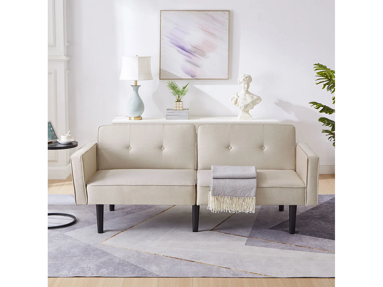 Divano 2 in 1 (176x76x74 cm) - Chaise longue - Doppio schienale regolabile - Funzione letto - Tessuto cotone-lino - Schiuma ad alta densità - Beige