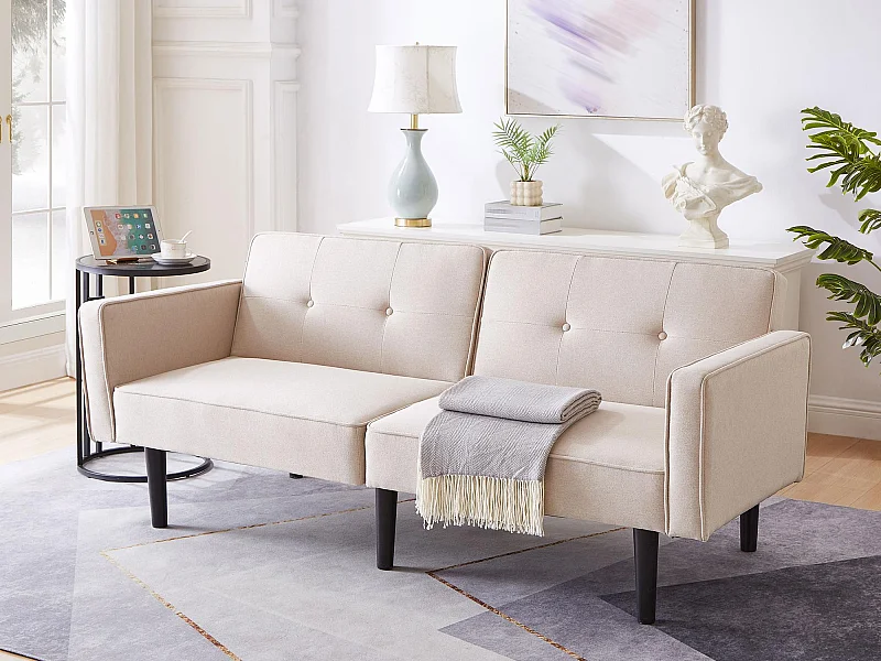 Canapé 2 en 1 (176x76x74cm) - Causeuse - Double dossier réglable - Avec fonction couchage - Tissu coton et lin - Mousse haute densité - Beige