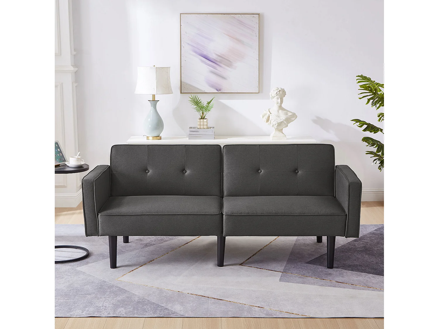 2-in-1 bank (176x76x74 cm) - Chaise longue - Verstelbare dubbele rugleuning - Slaapfunctie - Katoen-linnen stof - Hoogdichtheid schuim - Zwart