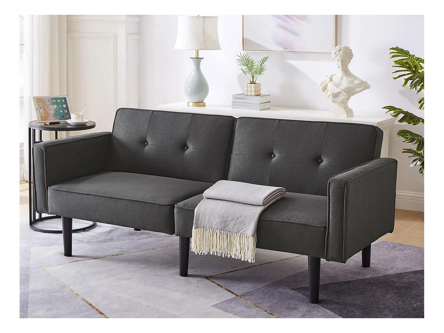Canapé 2 en 1 (176x76x74cm) - Causeuse - Double dossier réglable - Avec fonction couchage - Tissu coton et lin - Mousse haute densité - Noir