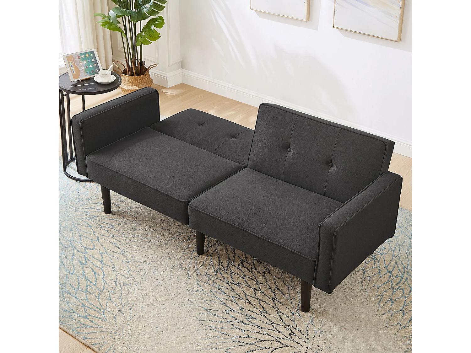 Canapé 2 en 1 (176x76x74cm) - Causeuse - Double dossier réglable - Avec fonction couchage - Tissu coton et lin - Mousse haute densité - Noir