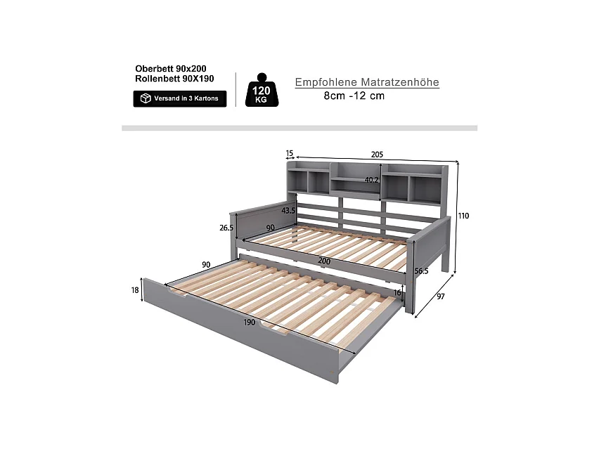 Canapé-lit gigogne 90x200 cm - Lit gigogne 90x190 cm - avec rangement - sommier à lattes - pin multi - gris (matelas non inclus)