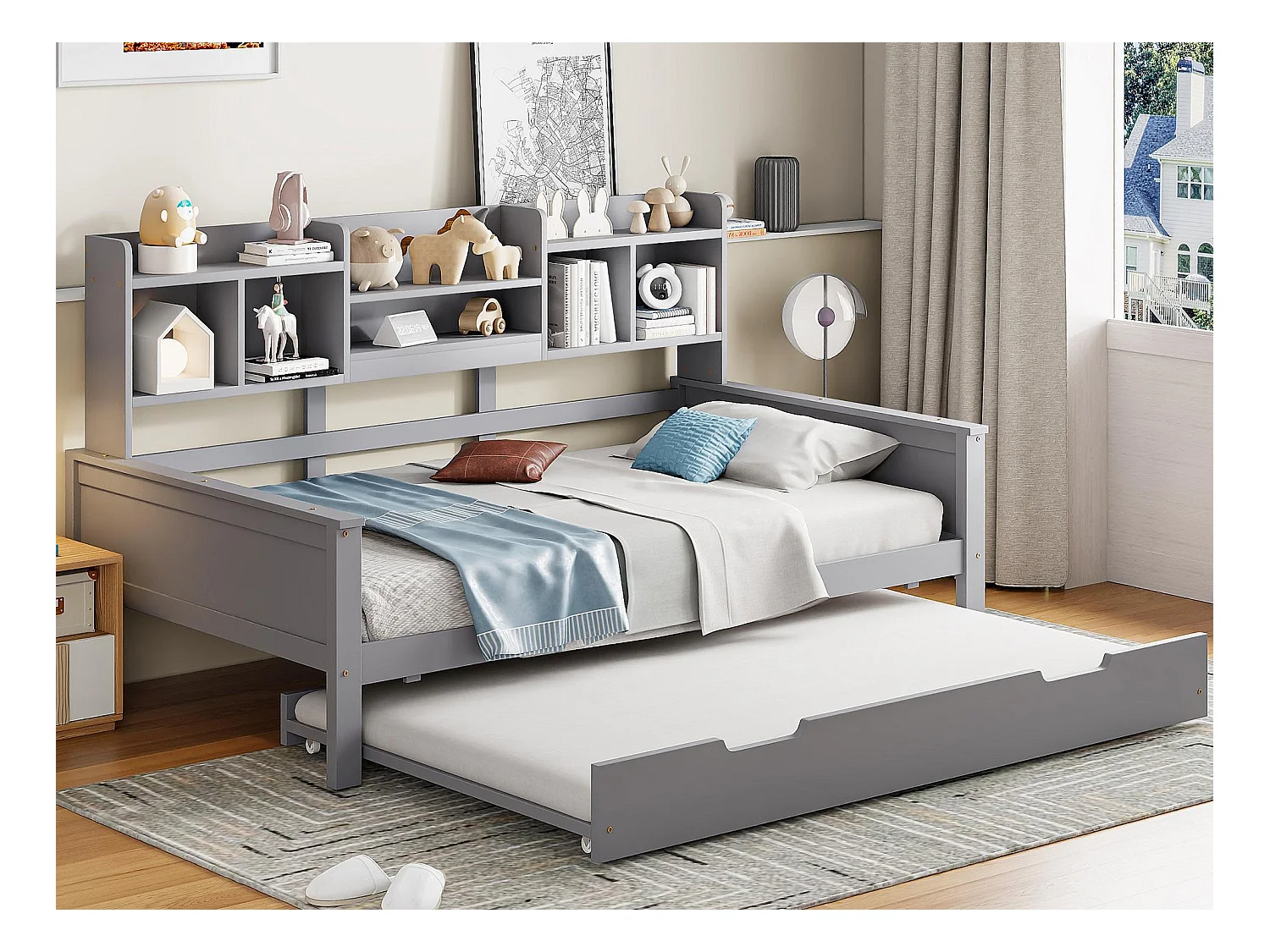Divano letto nido 90x200 cm - Letto nido 90x190 cm - con contenitore - rete a doghe - pino massello - grigio (materasso non incluso)