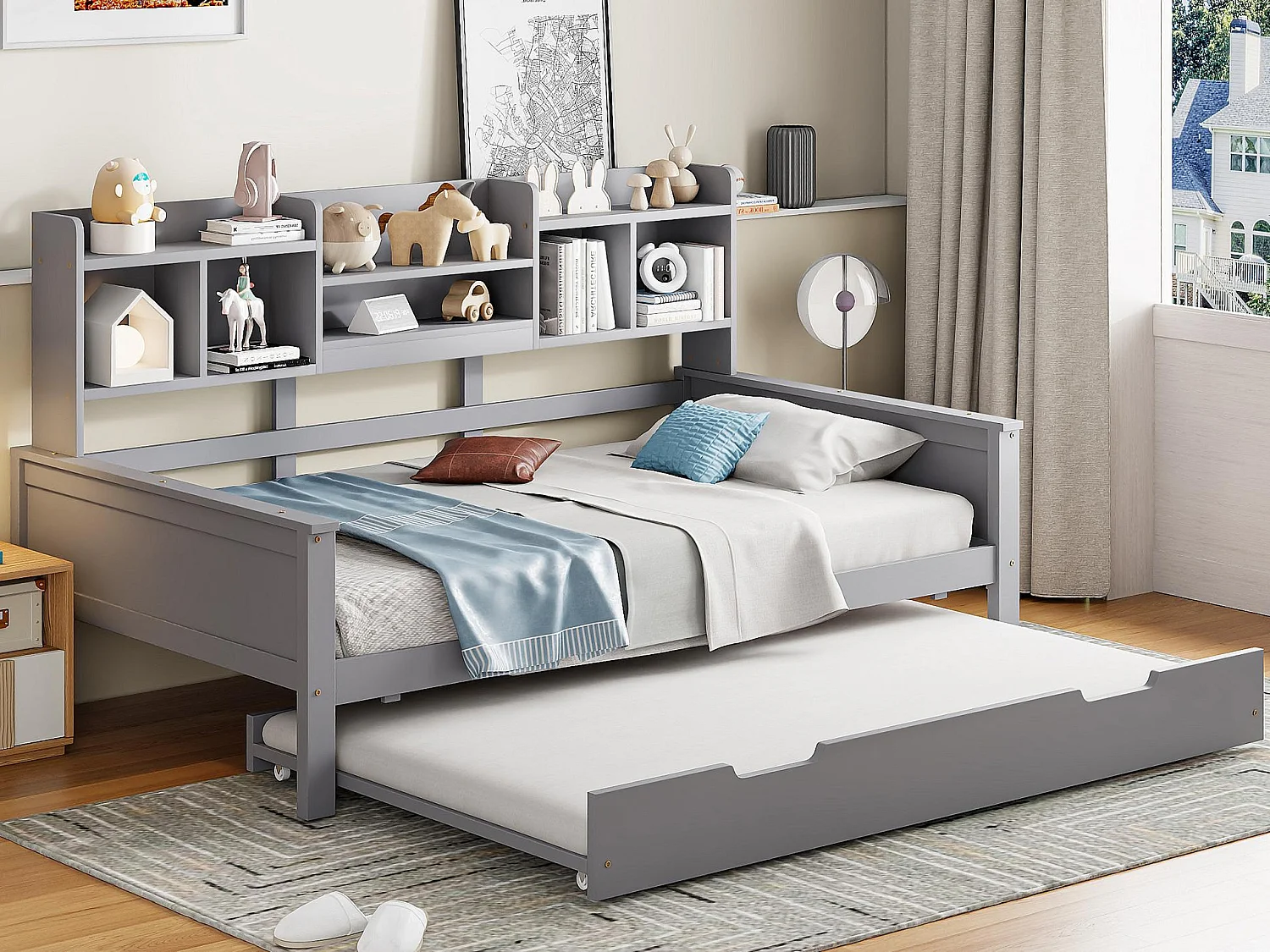 Canapé-lit gigogne 90x200 cm - Lit gigogne 90x190 cm - avec rangement - sommier à lattes - pin multi - gris (matelas non inclus)