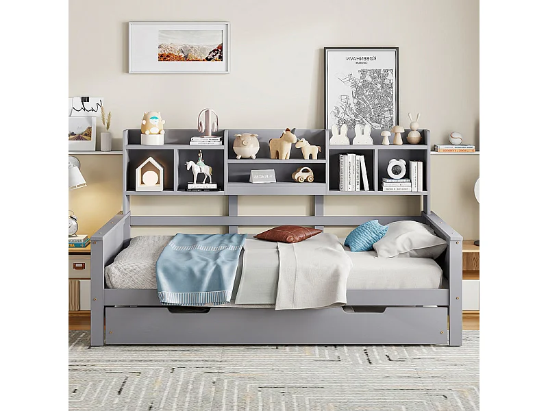 Canapé-lit gigogne 90x200 cm - Lit gigogne 90x190 cm - avec rangement - sommier à lattes - pin multi - gris (matelas non inclus)