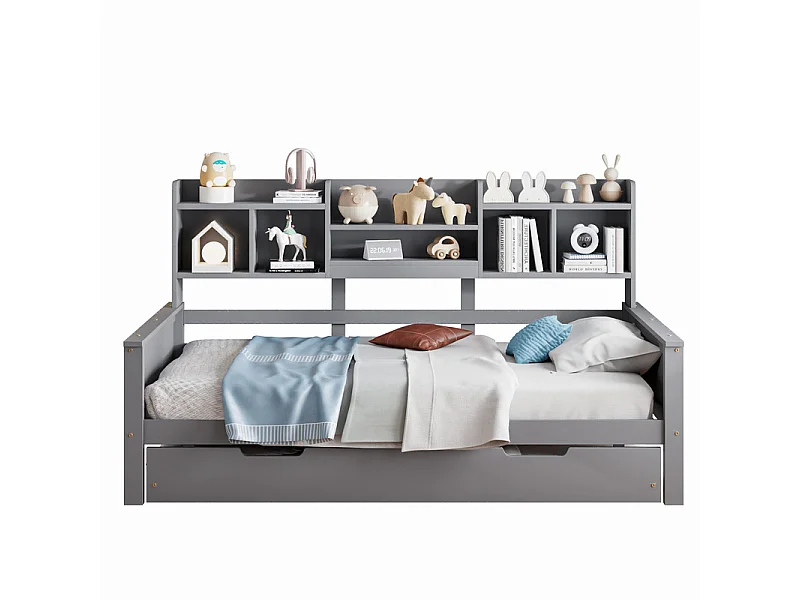 Canapé-lit gigogne 90x200 cm - Lit gigogne 90x190 cm - avec rangement - sommier à lattes - pin multi - gris (matelas non inclus)